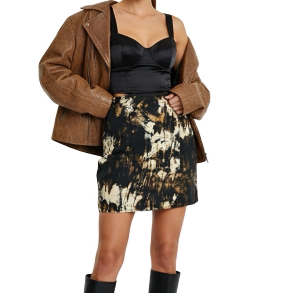 Sandra Angelozzi 100% silk black brown tan print wrap style mini skirt EU 38